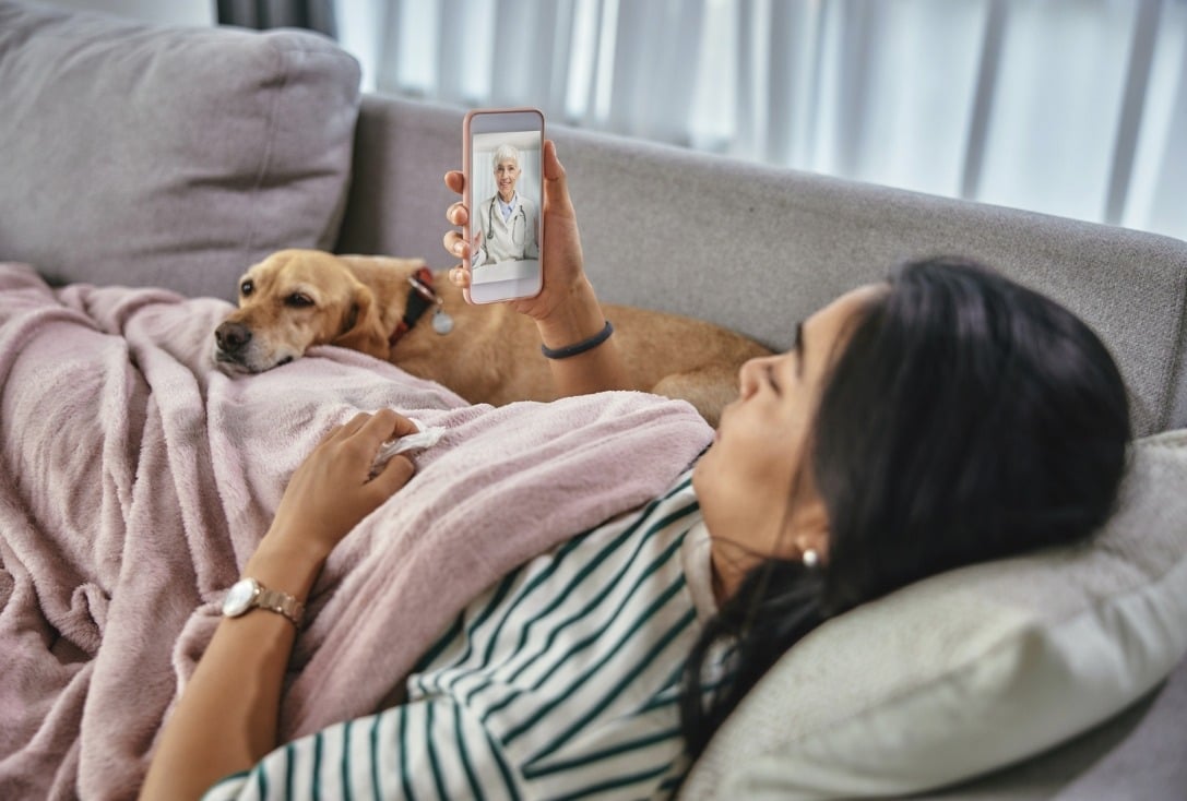 woman connecting to a healthcare provider on her phone while laying on the couch with her dog, showing a scene of using virtual urgent care