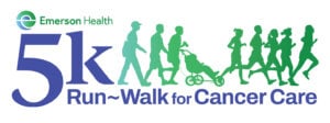 Emerson Health logo with addtional 5K RUn~Walk for Cancer Care written in blue. Graphic of runners and walkers in green.